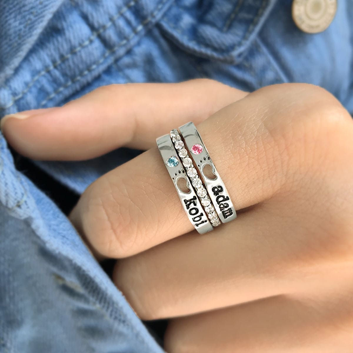 Personalized Baby Feet Birthstone Stacking Name Rings - Claritas Store