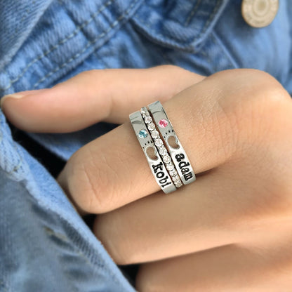 Personalized Baby Feet Birthstone Stacking Name Rings - Claritas Store