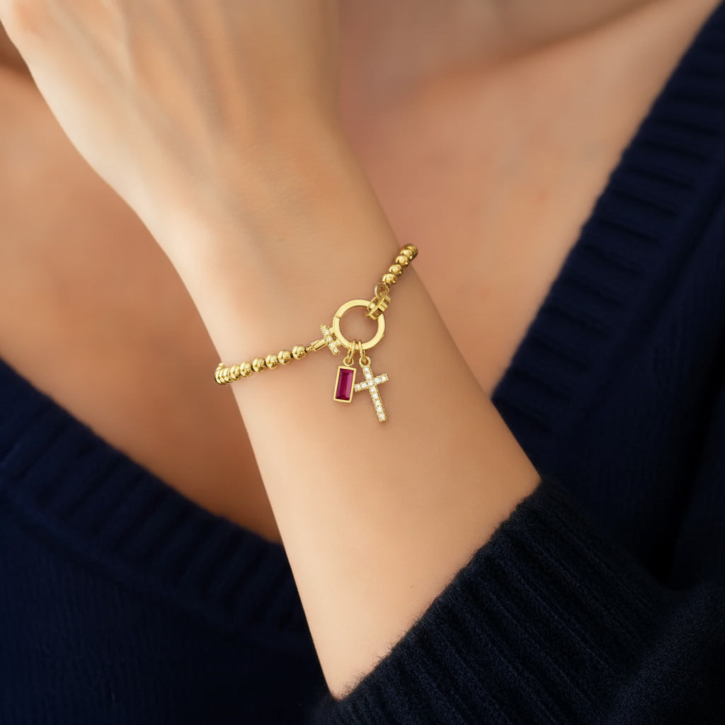 Cross Charm Birthstone Bracelet