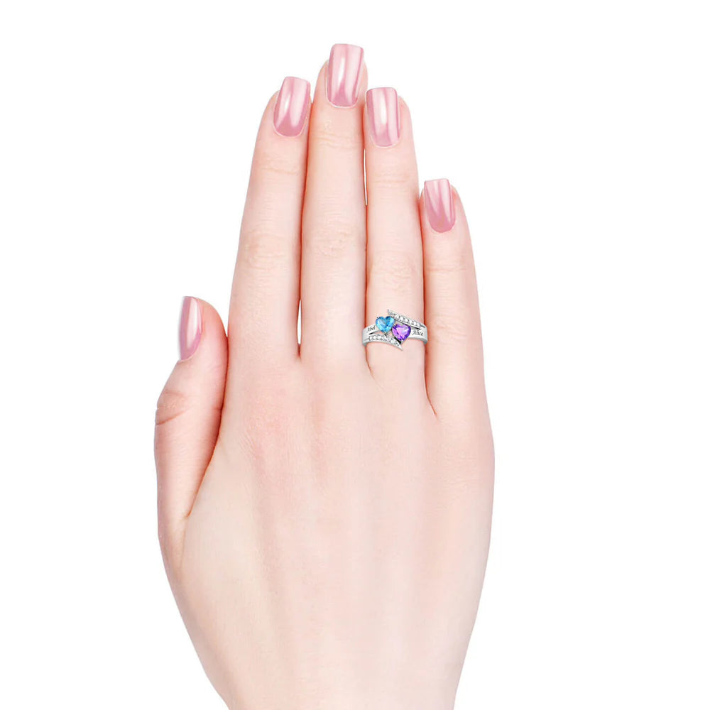 Stacked Hearts Couple's Ring – 2 Birthstones & Names - Claritas Store