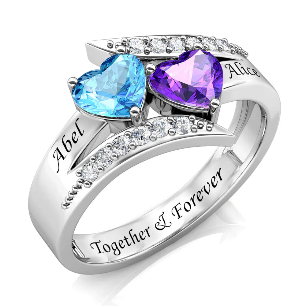 Stacked Hearts Couple's Ring – 2 Birthstones & Names - Claritas Store