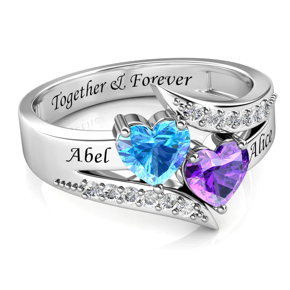 Stacked Hearts Couple's Ring – 2 Birthstones & Names - Claritas Store