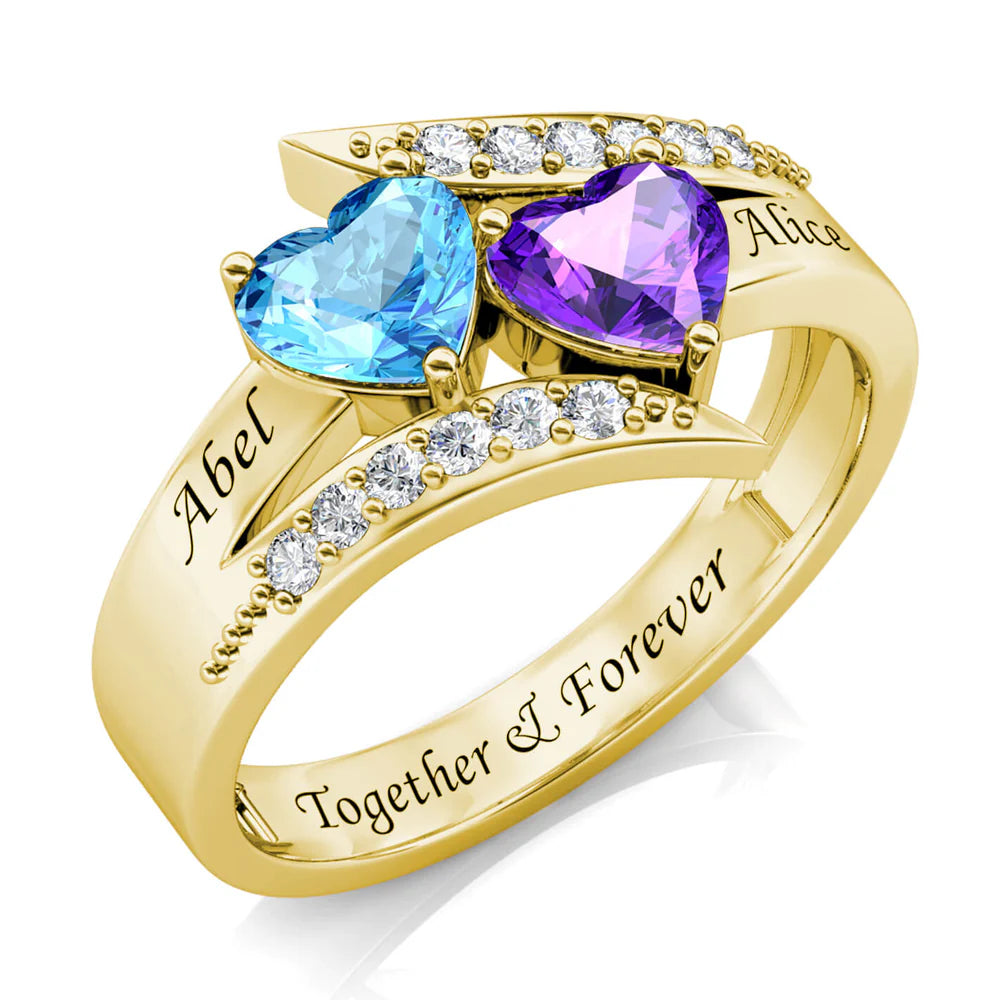 Stacked Hearts Couple's Ring – 2 Birthstones & Names - Claritas Store