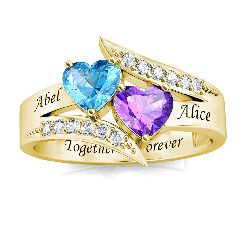 Stacked Hearts Couple's Ring – 2 Birthstones & Names - Claritas Store
