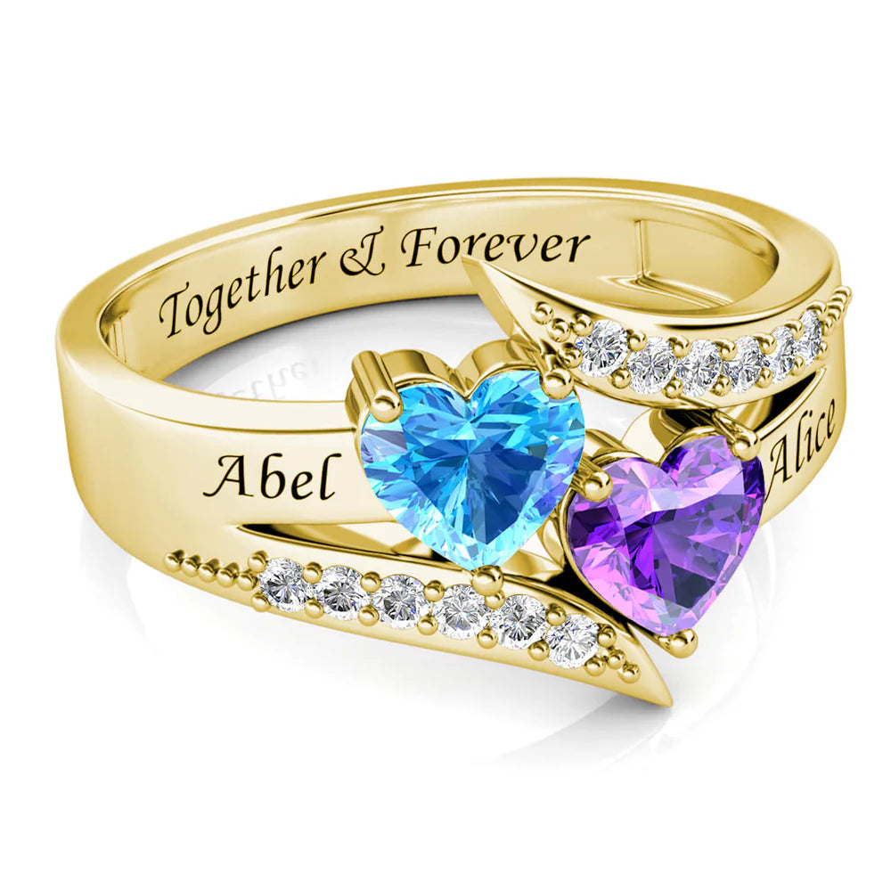Stacked Hearts Couple's Ring – 2 Birthstones & Names - Claritas Store