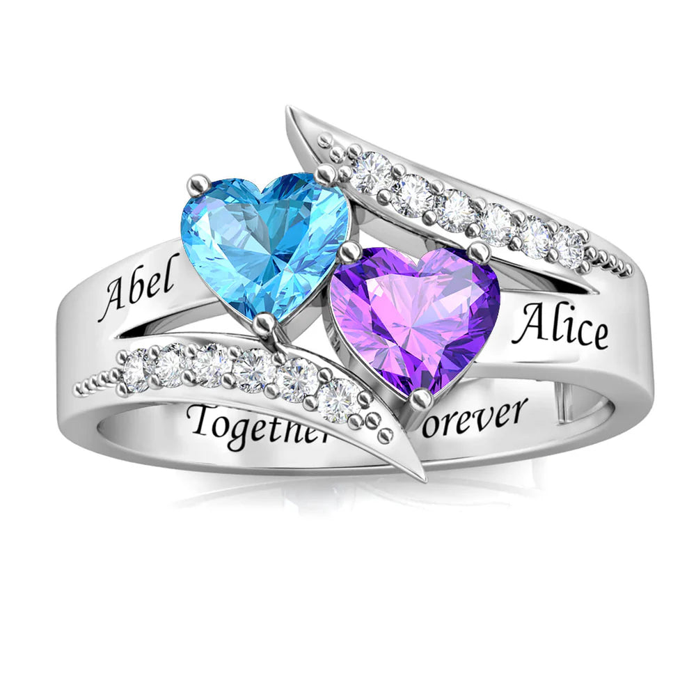 Stacked Hearts Couple's Ring – 2 Birthstones & Names - Claritas Store